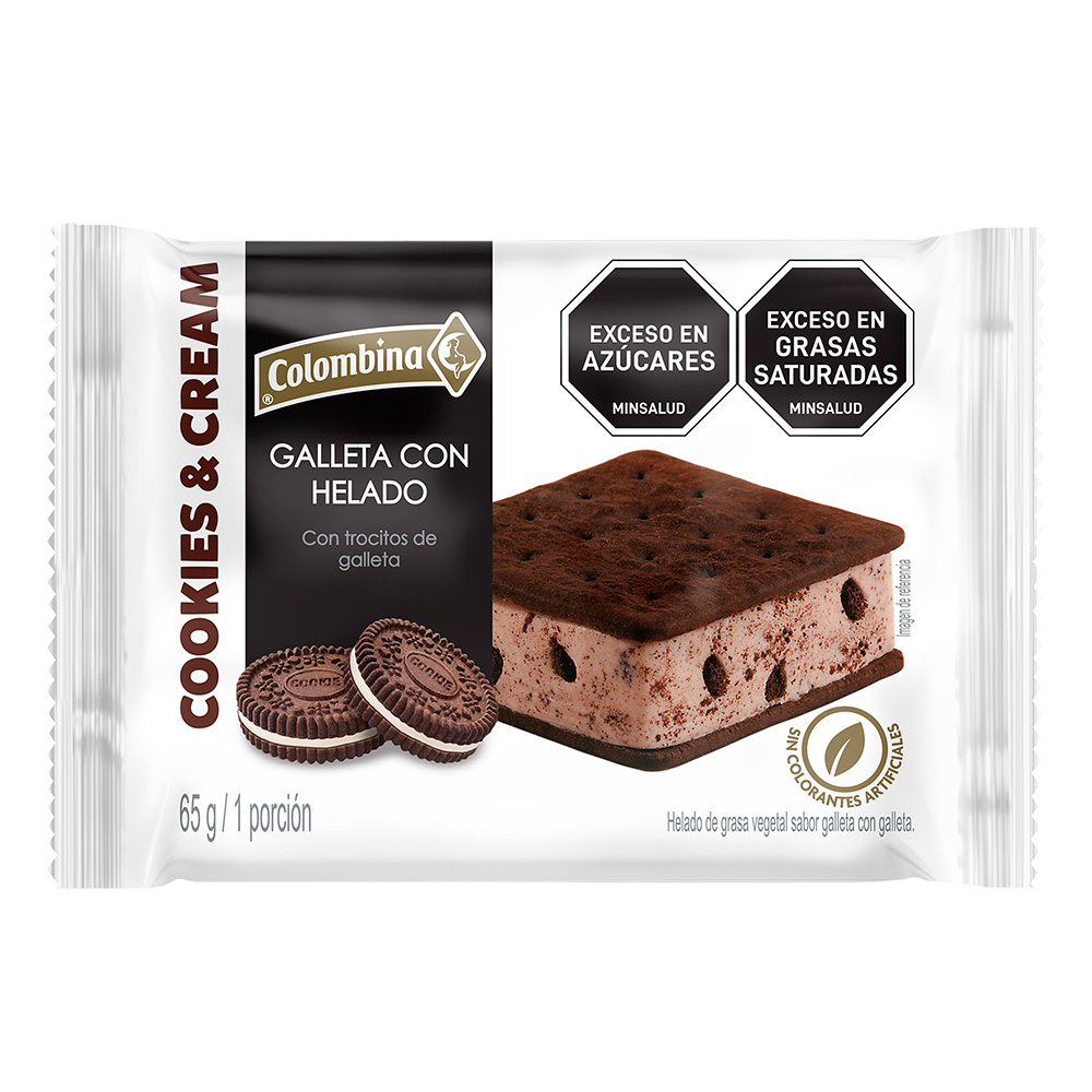 Galleta con helado Cookies & Cream Colombina, empaque y etiquetas originales