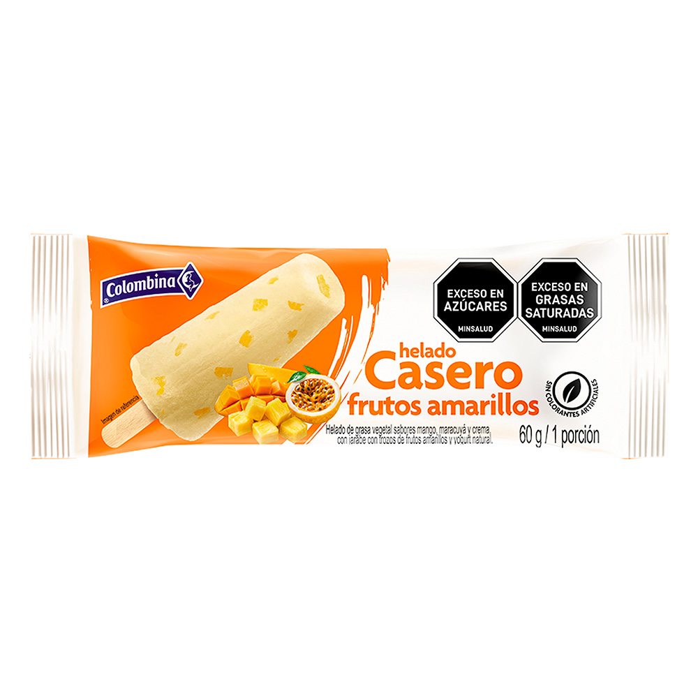 Helado Casero Frutos Amarillos Colombina, empaque y etiquetas originales
